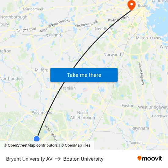 Bryant University AV to Boston University map