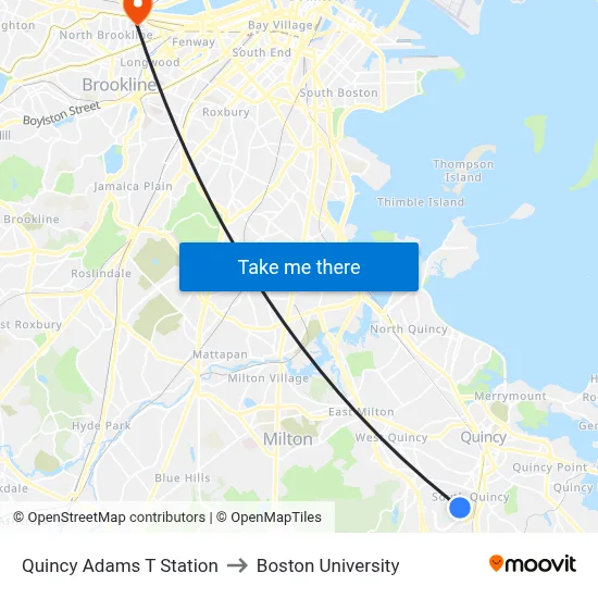 Quincy Adams T Station to Boston University map
