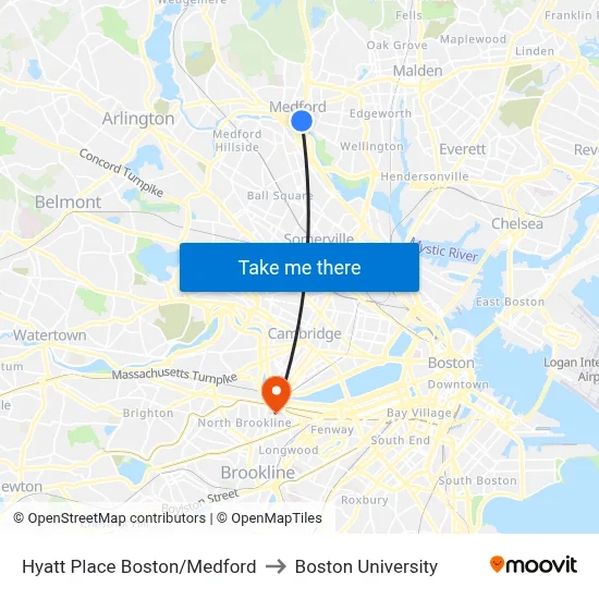 Hyatt Place Boston/Medford to Boston University map