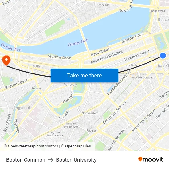 Boston Common to Boston University map