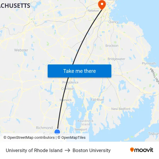 University of Rhode Island to Boston University map