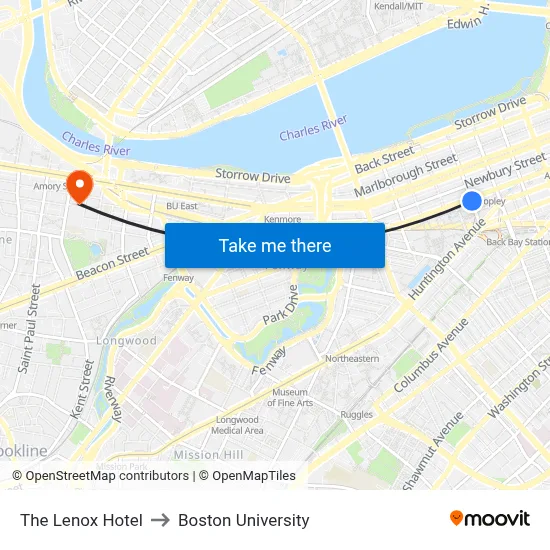The Lenox Hotel to Boston University map