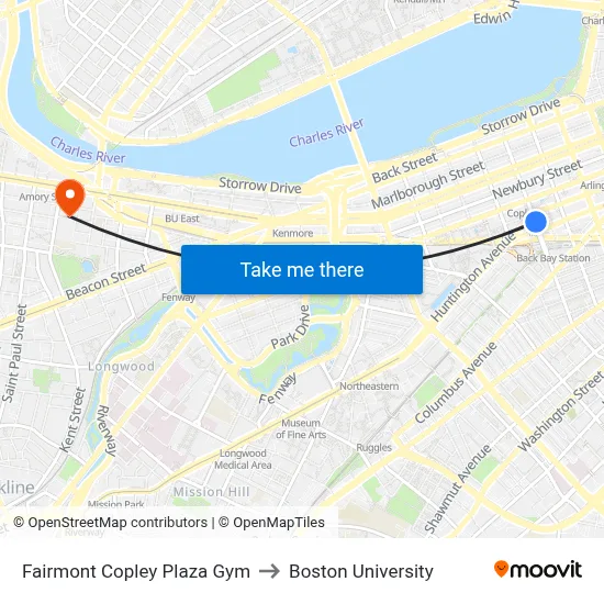 Fairmont Copley Plaza Gym to Boston University map