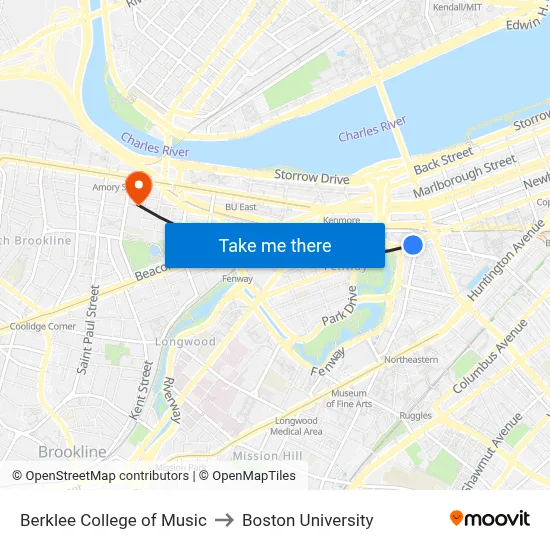 Berklee College of Music to Boston University map