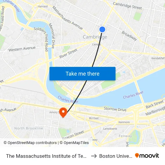 The Massachusetts Institute of Technology to Boston University map