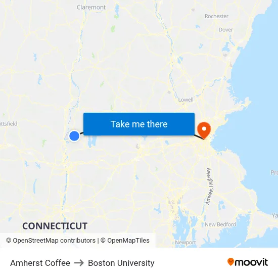 Amherst Coffee to Boston University map