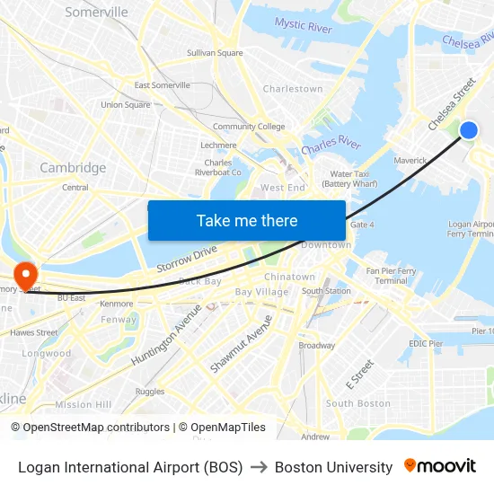 Logan International Airport (BOS) to Boston University map