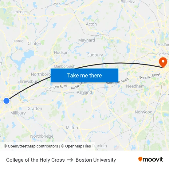 College of the Holy Cross to Boston University map