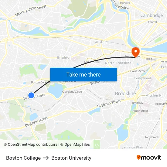 Boston College to Boston University map