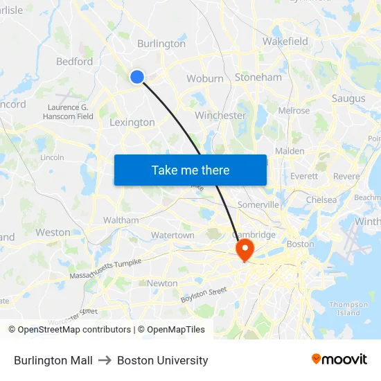Burlington Mall to Boston University map