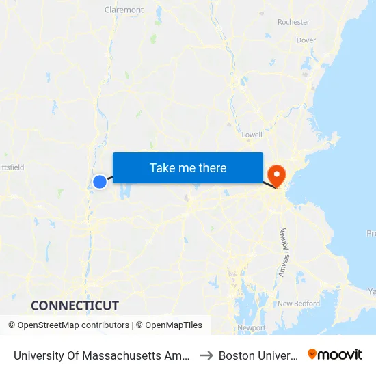 University Of Massachusetts Amherst to Boston University map