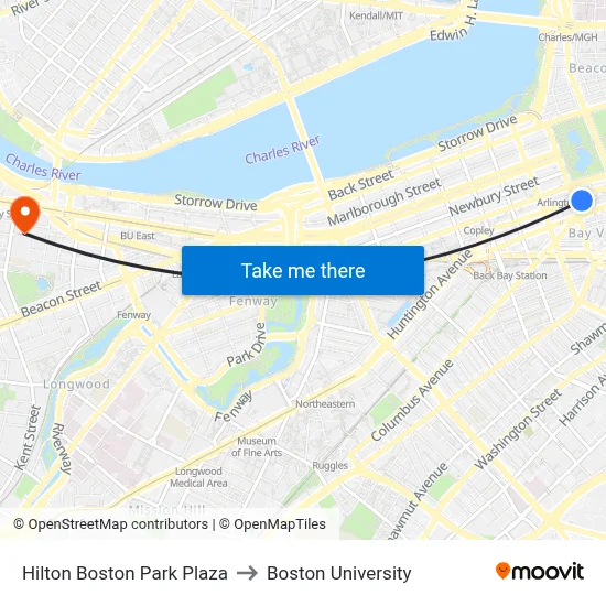 Hilton Boston Park Plaza to Boston University map