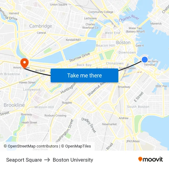 Seaport Square to Boston University map