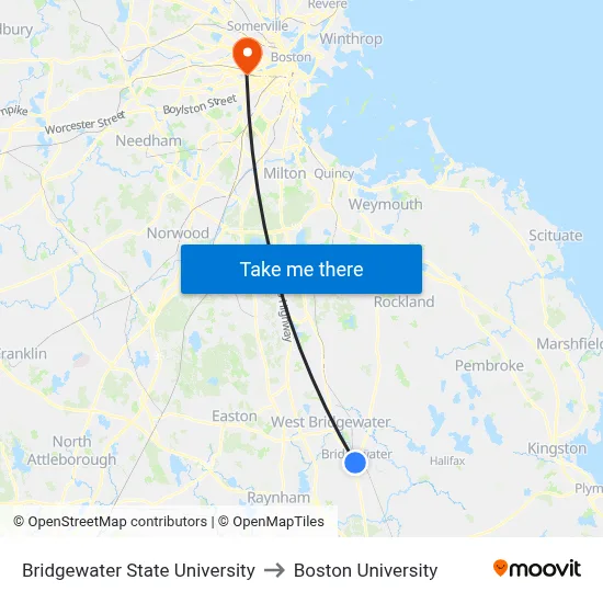 Bridgewater State University to Boston University map