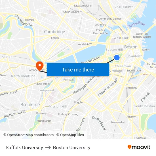 Suffolk University to Boston University map
