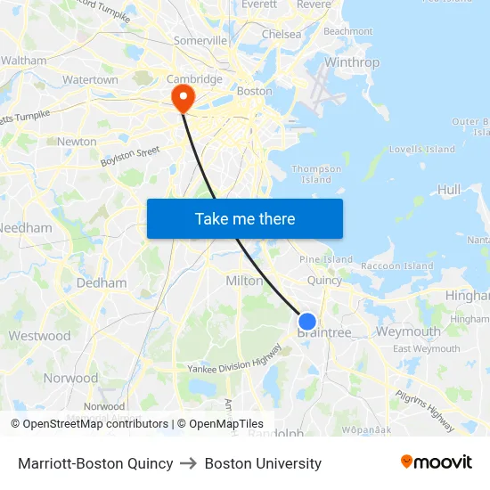 Marriott-Boston Quincy to Boston University map