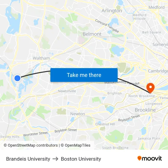 Brandeis University to Boston University map