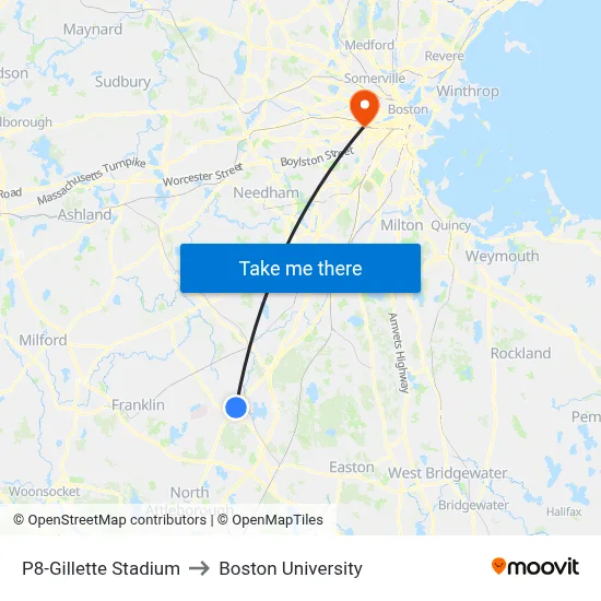 P8-Gillette Stadium to Boston University map