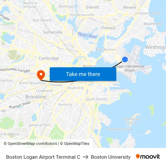 Boston Logan Airport Terminal C to Boston University map
