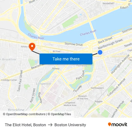 The Eliot Hotel, Boston to Boston University map