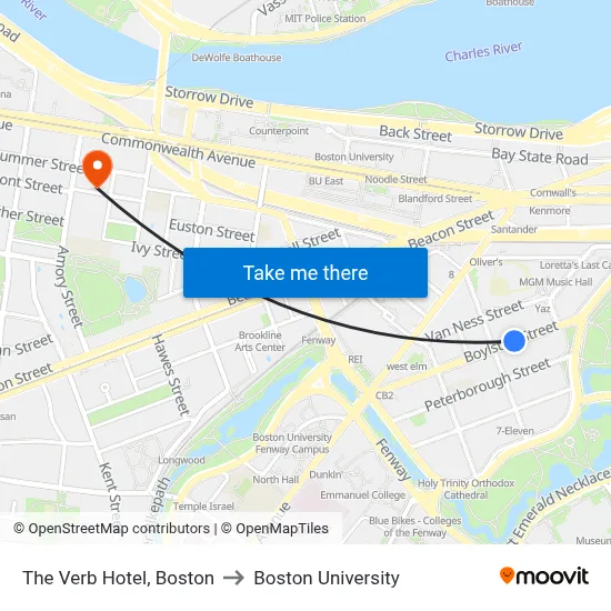 The Verb Hotel, Boston to Boston University map