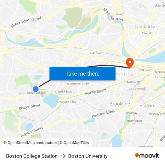 Boston College Station to Boston University map