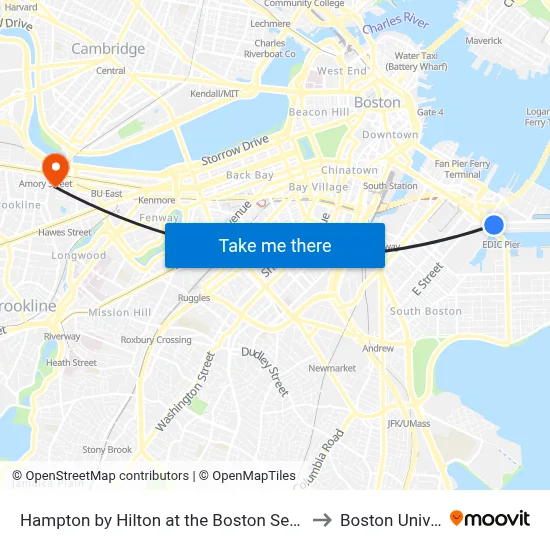 Hampton by Hilton at the Boston Seaport District to Boston University map