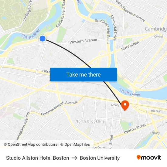 Studio Allston Hotel Boston to Boston University map