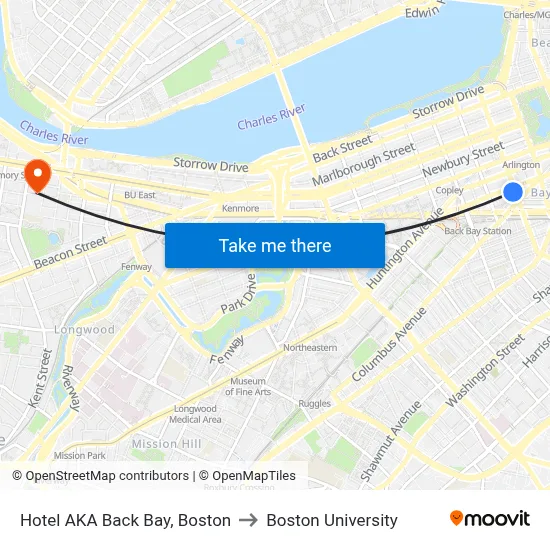 Hotel AKA Back Bay, Boston to Boston University map