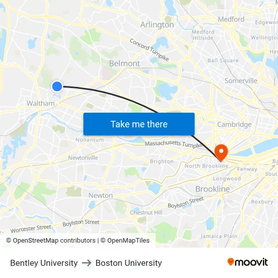 Bentley University to Boston University map