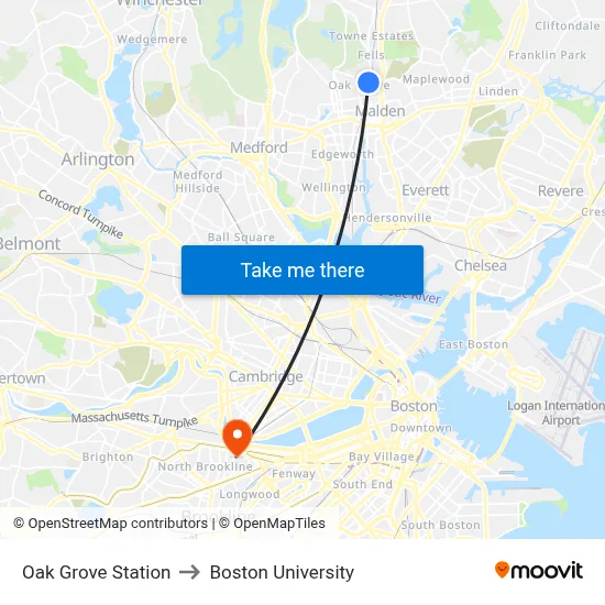 Oak Grove Station to Boston University map
