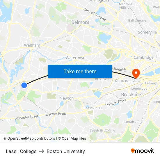 Lasell College to Boston University map