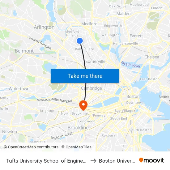 Tufts University School of Engineering to Boston University map