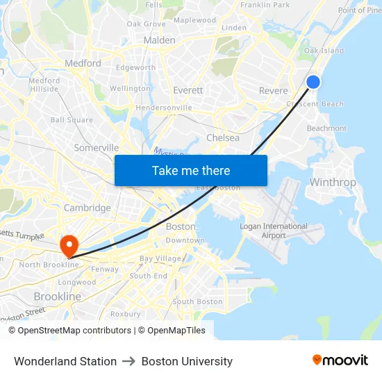Wonderland Station to Boston University map