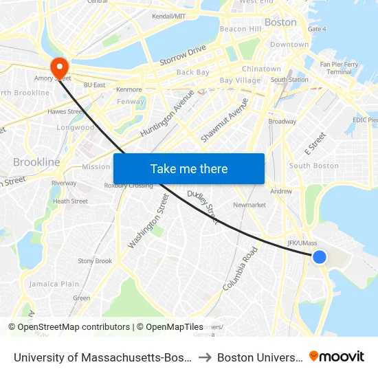 University of Massachusetts-Boston, 100 Morrissey Blvd to Boston University map