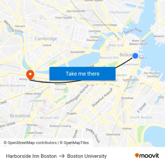 Harborside Inn Boston to Boston University map