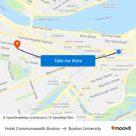Hotel Commonwealth Boston to Boston University map