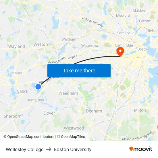 Wellesley College, 106 Central St to Boston University map