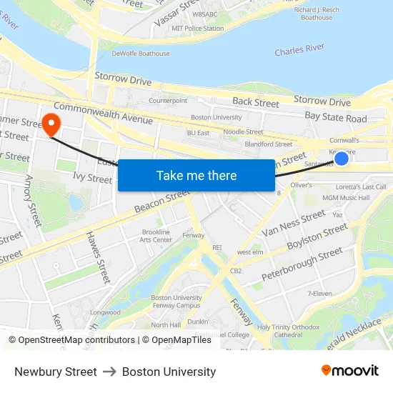 Newbury Street to Boston University map