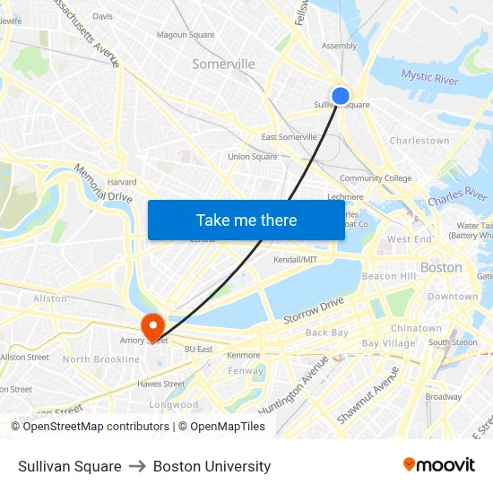Sullivan Square to Boston University map