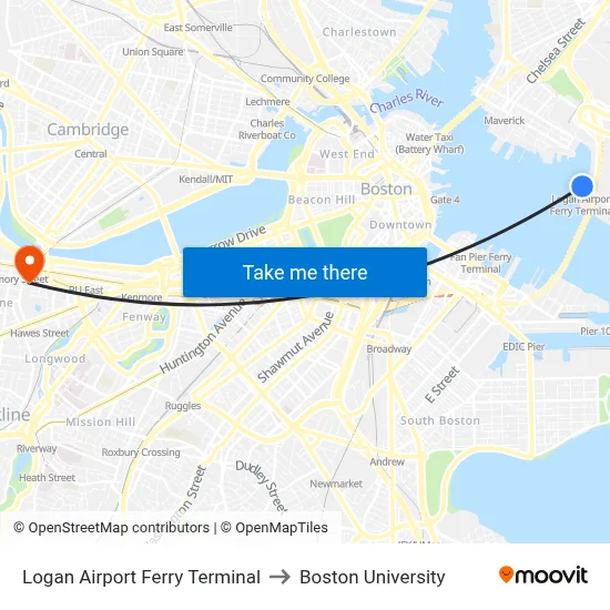 Logan Airport Ferry Terminal to Boston University map