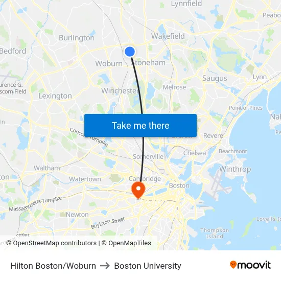 Hilton Boston/Woburn to Boston University map