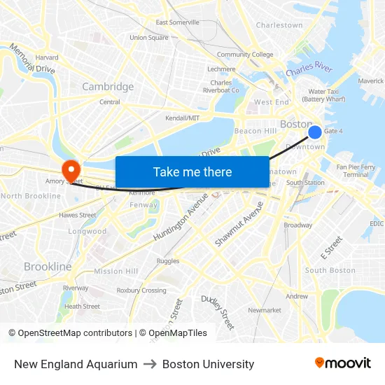 New England Aquarium to Boston University map