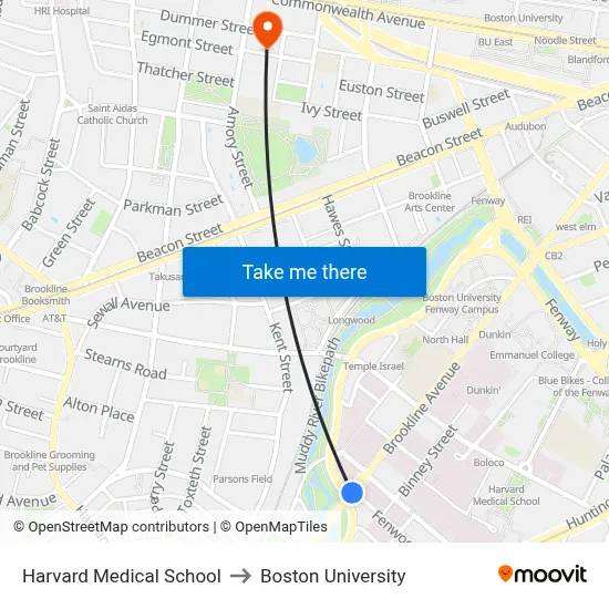 Harvard Medical School to Boston University map
