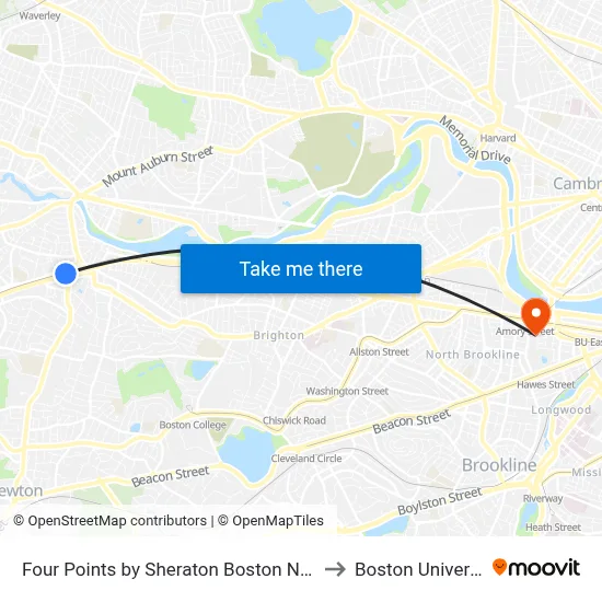 Four Points by Sheraton Boston Newton to Boston University map
