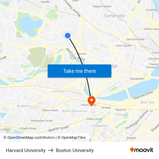 Harvard University to Boston University map