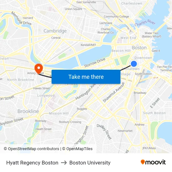 Hyatt Regency Boston to Boston University map