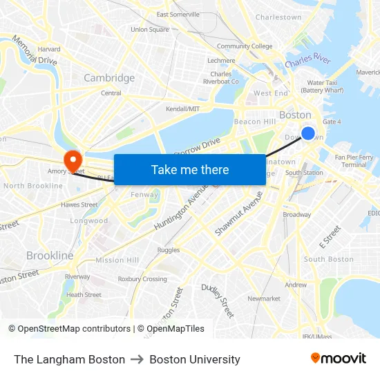 The Langham Boston to Boston University map