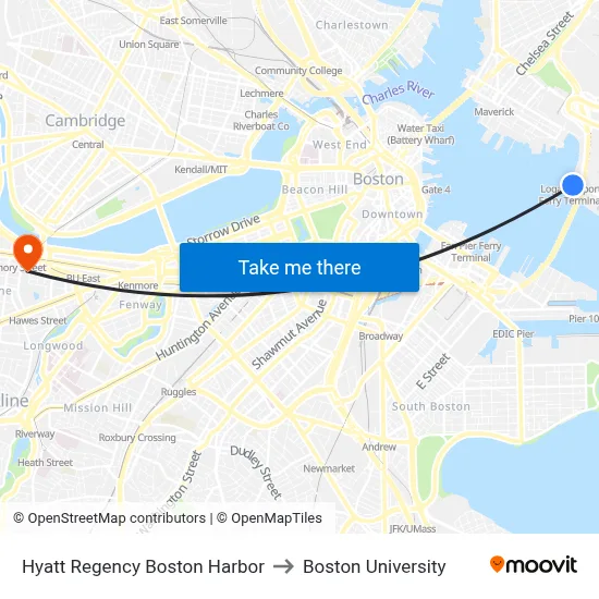 Hyatt Regency Boston Harbor to Boston University map