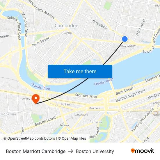 Boston Marriott Cambridge to Boston University map
